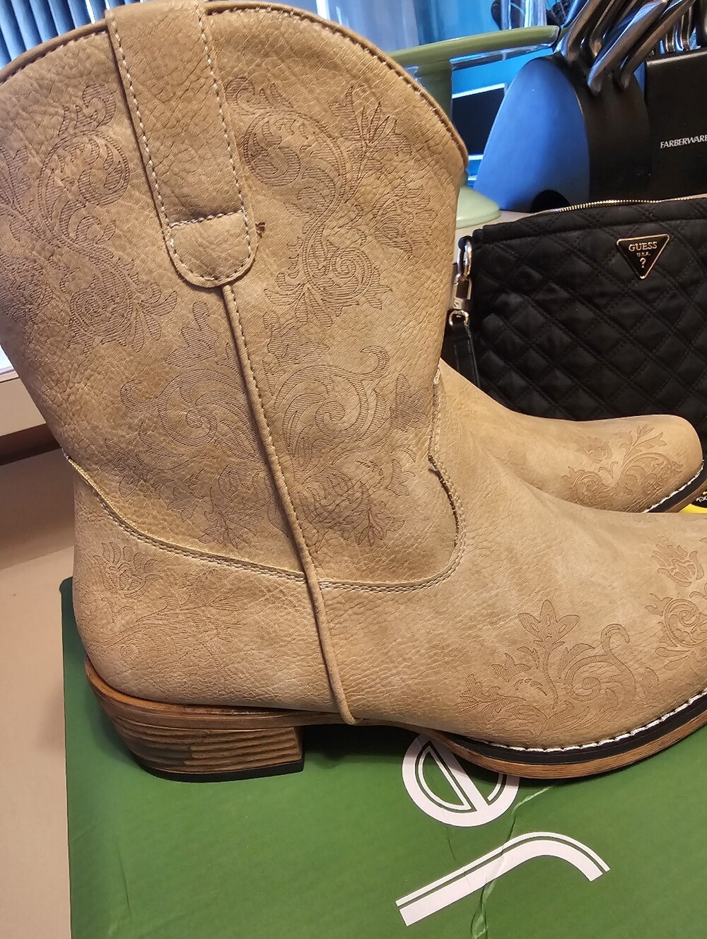 Women's Tan Embossed Short Cowboy  Boots - Comfort Zip Side - Picture 2 of 4
